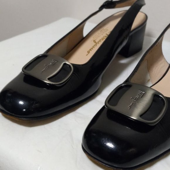 Salvatore Ferragamo Boutique Leather Slingback Block Heel Shoes Black Sz 8.5 3A - Picture 7 of 14
